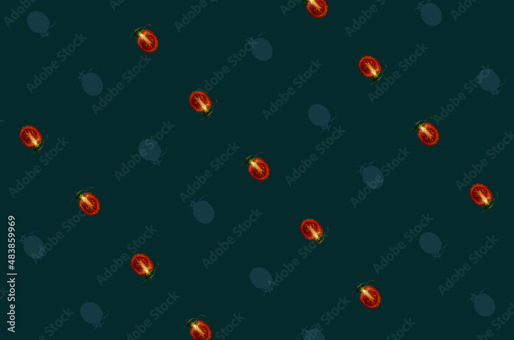 Colorful pattern of fresh red tomatoes on dark green background. Top view. Flat lay. Pop art design Colorful pattern of fresh red tomatoes on dark green background. Top view. Flat lay. Pop art design