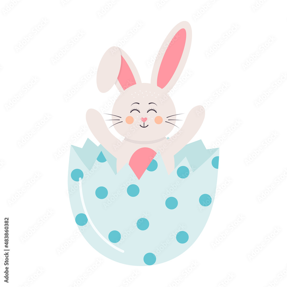 Fototapeta premium Easter bunny sitting in the egg shell. Joyful little rabbit hatching from a cracked egg. Cute cartoon funny character.