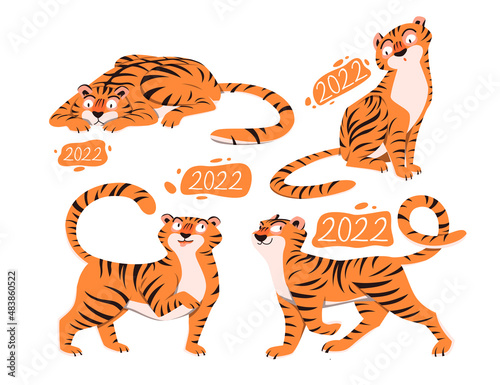 2022, Chinese New Year greeting card with funny tiger cubs set vector illustration. prosperity oriental lucky symbol in postcard, poster decoration isolated on white. Cartoon happy cute wild animals