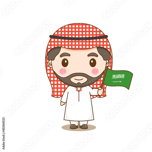 Saudi Arabia in national dress with a flag. A boy in traditional costume. Chibi cartoon character photo
