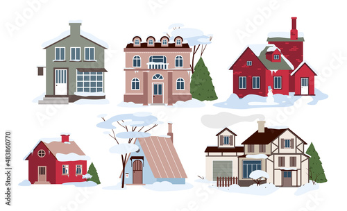 Cartoon family homes in snowdrifts, buildings and cottages with trees in garden, windows, roofs and doors background. Village modern houses in winter cold weather and snow set vector illustration