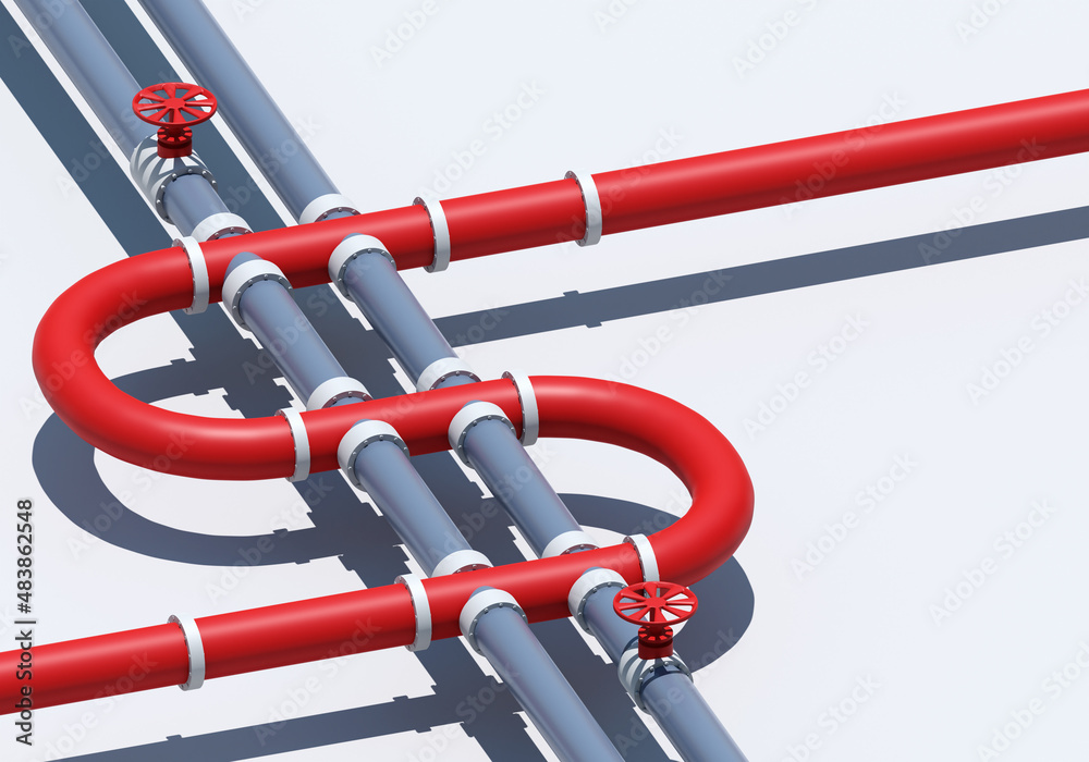 Reverse pipeline for gas supply. Reverse supply of liquefied gas. Valves for shutting off pressure on pipeline. Gas pipeline on light background. Three-dimensional grey-red pipes. 3d rendering.