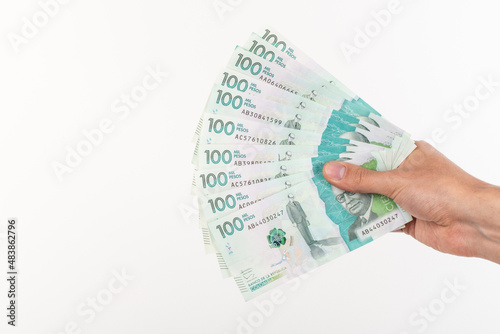 Hand holding colombian money