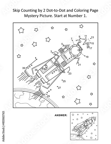 Skip counting connect the dots picture puzzle and coloring page, space exploration themed, with rocket, or spaceship, stars, earth. Uneven numbers, starting at 1. Answer included.

