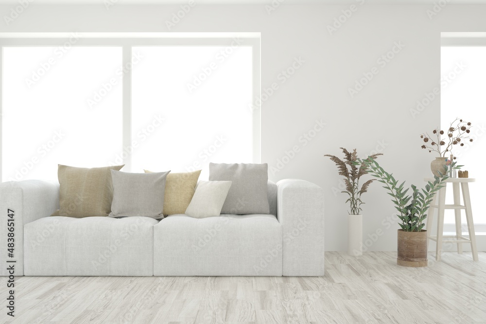 Naklejka premium White living room with sofa. Scandinavian interior design. 3D illustration