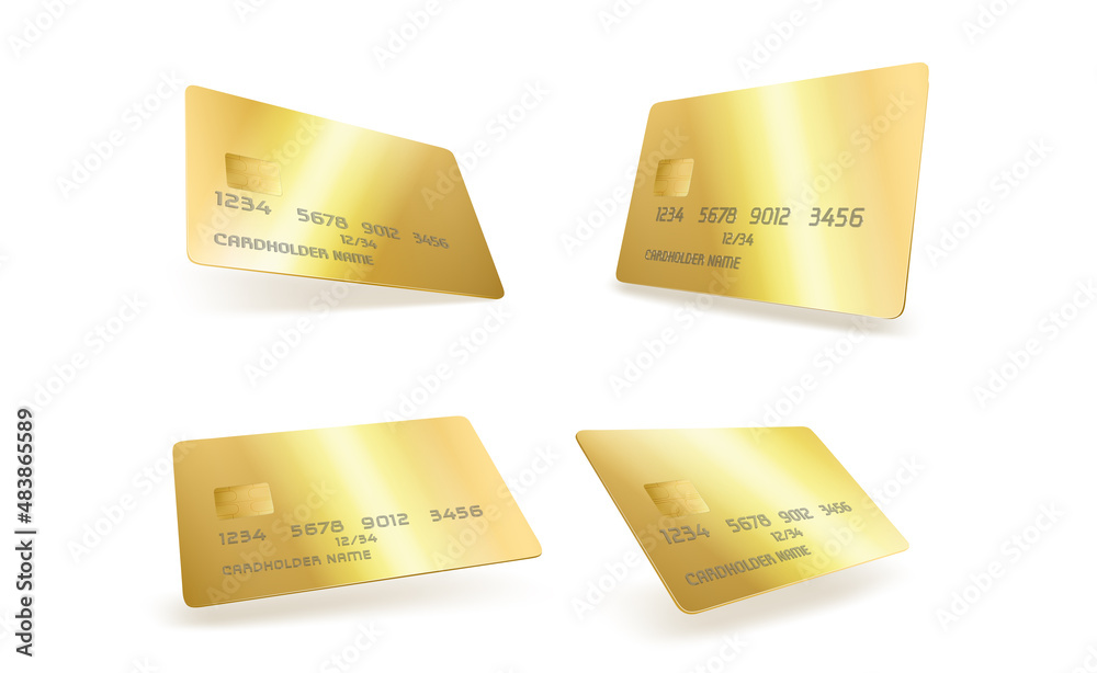 Gold plastic credit card template isolated on white background. Vector realistic mockup of 3d blank golden bank debit or discount card for vip service, premium club membership Gold plastic credit card template isolated on white background. Vector realistic mockup of 3d blank golden bank debit or discount card for vip service, premium club membership