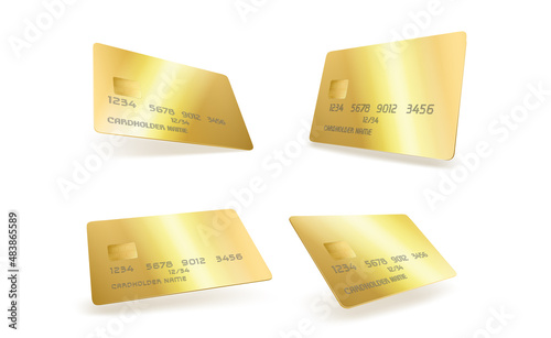 Gold plastic credit card template isolated on white background. Vector realistic mockup of 3d blank golden bank debit or discount card for vip service, premium club membership