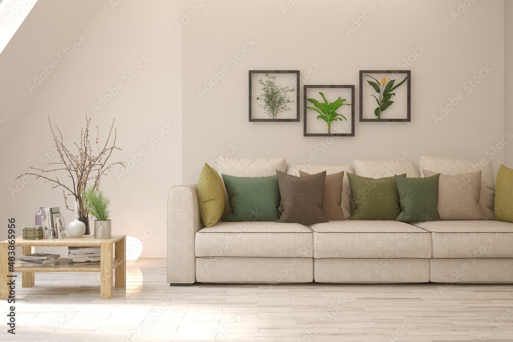 White living room with sofa. Scandinavian interior design. 3D illustration White living room with sofa. Scandinavian interior design. 3D illustration