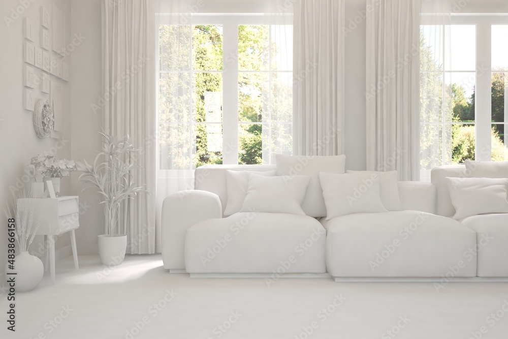 Mock up of stylish room in white color with sofa and green landscape in window. Scandinavian interior design. 3D illustration Mock up of stylish room in white color with sofa and green landscape in window. Scandinavian interior design. 3D illustration