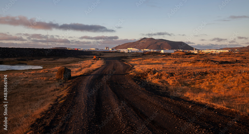 Looking towards the town of Grindavik from the coast of Iceland near the Hopsnes Lighthouse. Looking towards the town of Grindavik from the coast of Iceland near the Hopsnes Lighthouse.