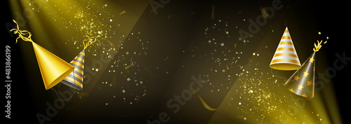 Background with birthday party hats and confetti on black backdrop with light beams, gold particles flying and copy space. Invitation, greeting card for celebration, Realistic 3d vector template