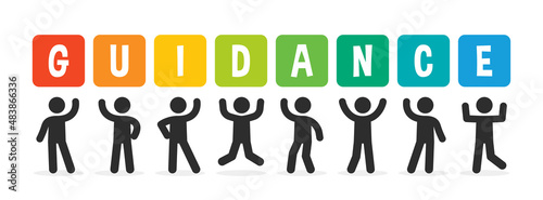 Banner guidance. People holding up colorful sign with text guidance on banner. Vector illustration
