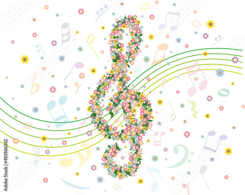 華やかな花と音符　音楽のイメージの背景