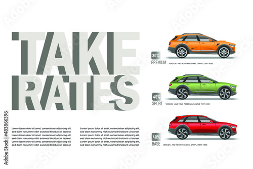 Vector illustration of automotive take rates concept with colorful car models.