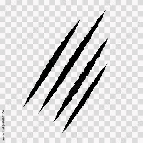 Cat scratches. Animal claw marks in black. Monster or dinosaur attack slash stripes on transparent background. Vector illustration