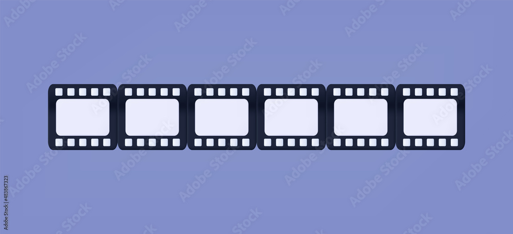 3d film strip icon. Cinema, video clip production or editing. Roll of black tape, frame motion. Digital or old photography, film strip. The concept of editing, making a video film. Vector illustration