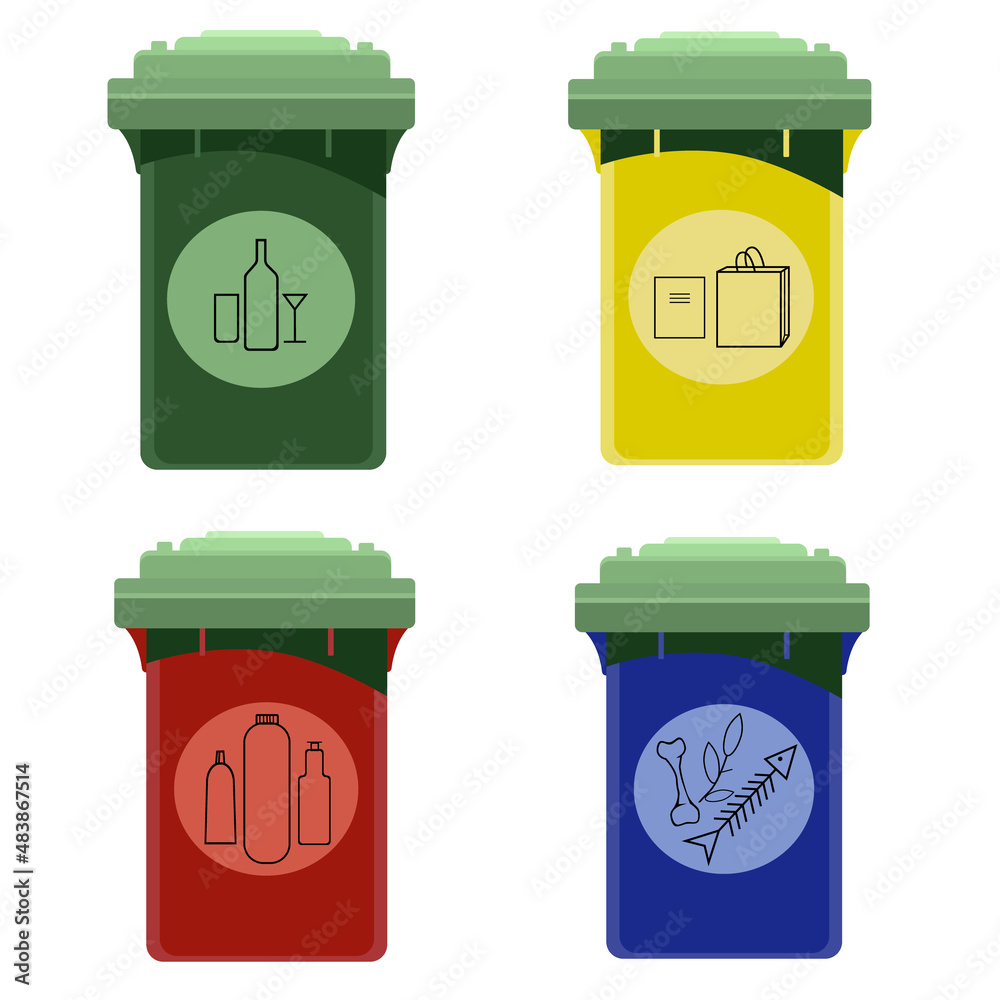 Garbage cans, containers.Sorting garbage.Ecology.Vector illustrations isolated on a white background. Garbage cans, containers.Sorting garbage.Ecology.Vector illustrations isolated on a white background.