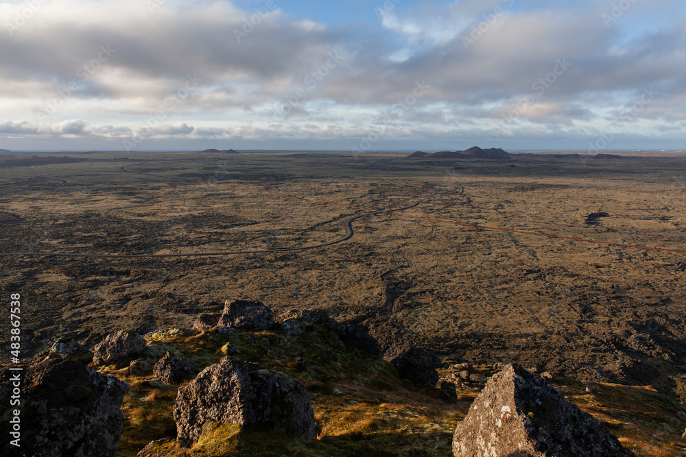 Obraz premium Reykjanes peninsula panorama.A view from the top of the mountain Þorbjörn in Iceland .The mountain is beside the town of Grindavik and the Blue Lagoon