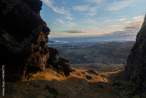 The town of Grindavik from the thieves gap in the mountain Þorbjörn on the Reykjanes peninsula,Iceland