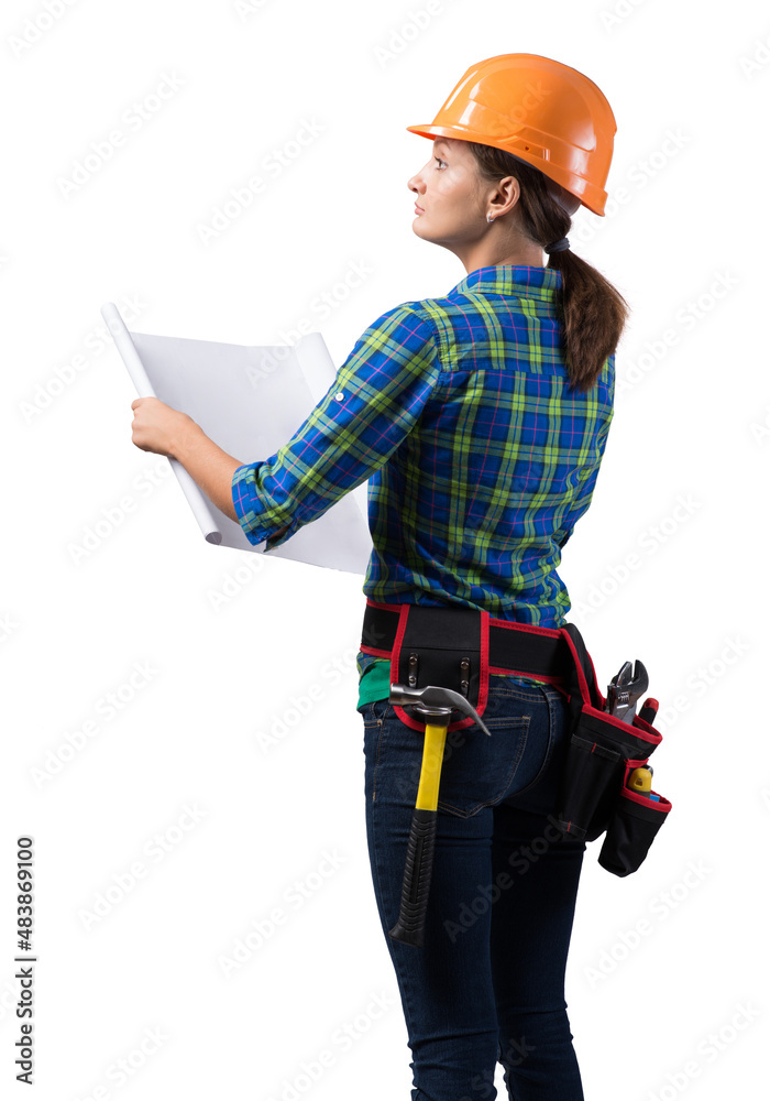 Young engineer in hard hat with blueprint