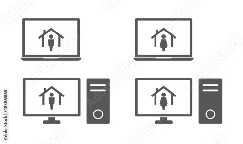laptop and desktop pc computer with man nad woman in house