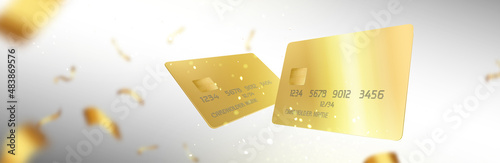 Background with gold credit cards and confetti flying on defocused backdrop. Golden Vip bank client financial service, congratulations, business presentation, ads Realistic 3d vector template design