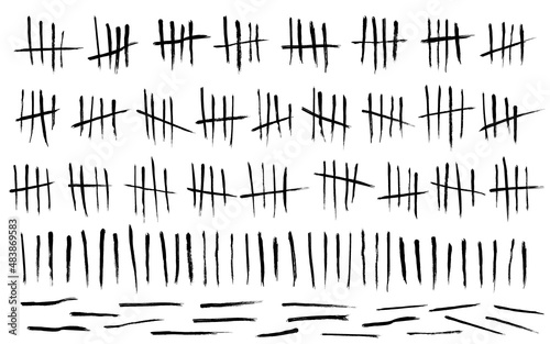 Tally mark. Prison counting lines set, black slash scratches on the wall. Hand drawn crossed out tally marks, jail grunge outline numbers on white background, vector illustration