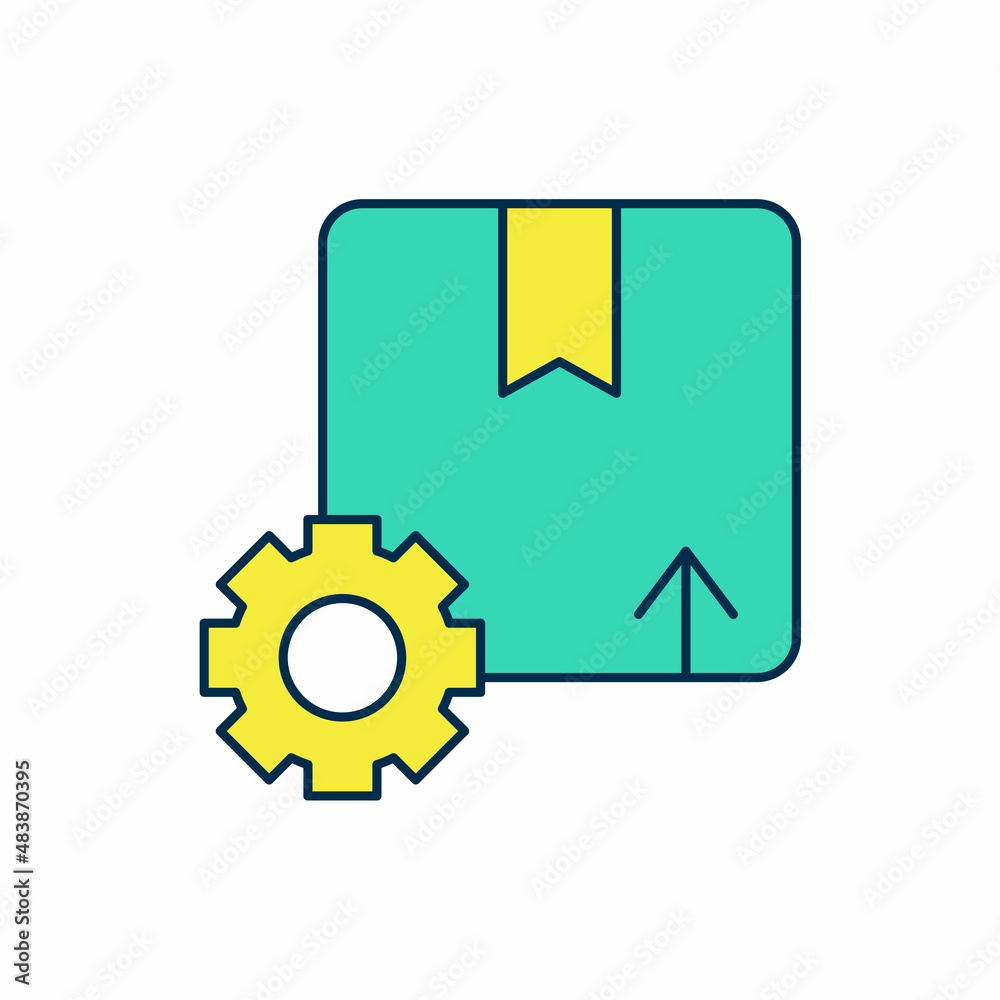 Filled outline Gear wheel with package box icon isolated on white background. Box, package, parcel sign. Delivery and packaging. Vector Filled outline Gear wheel with package box icon isolated on white background. Box, package, parcel sign. Delivery and packaging. Vector