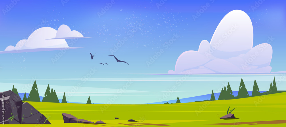 Meadow with green grass, conifers and hills on horizon. Vector illustration of summer or spring landscape of field or pasture with plants and stones and flying birds in sky