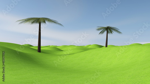 Green meadow with sky background. 3D illustration, 3D rendering 