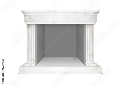 White marble fireplace for home interior in classic style. Vector realistic illustration of hearth in stone frame with pilasters and empty mantelpiece isolated on white background