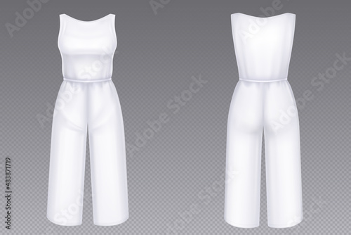 Women jumpsuit mockup in front and back view. Vector 3d template of blank white female overalls with pants and sleeveless tank top. Realistic girls clothes, summer garment or nightwear