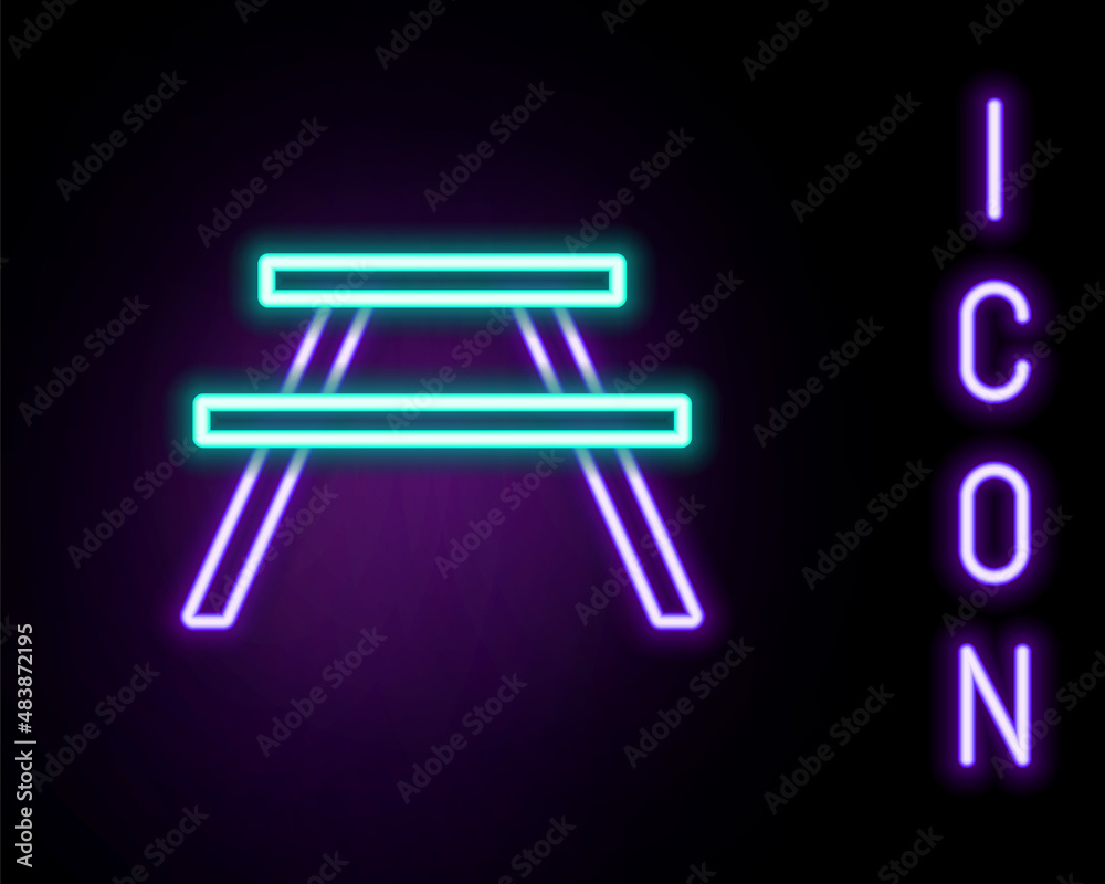 Glowing neon line Picnic table with benches on either side of the table icon isolated on black background. Colorful outline concept. Vector Glowing neon line Picnic table with benches on either side of the table icon isolated on black background. Colorful outline concept. Vector