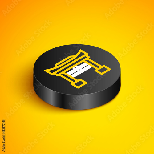 Isometric line Japan Gate icon isolated on yellow background. Torii gate sign. Japanese traditional classic gate symbol. Black circle button. Vector