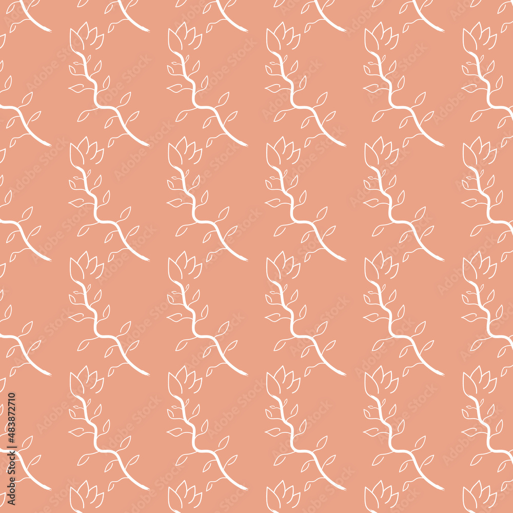 hand drawn cute floral leaves and branch pattern pink background