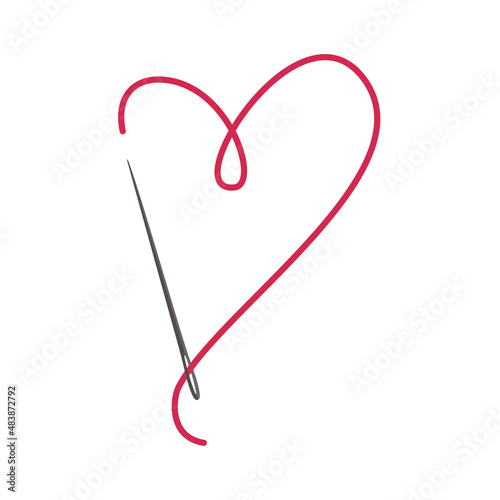 Love of needlework. A needle with a red thread in the shape of a heart. A symbol of needlework and handwork. Vector illustration isolated on a white background for design and web.