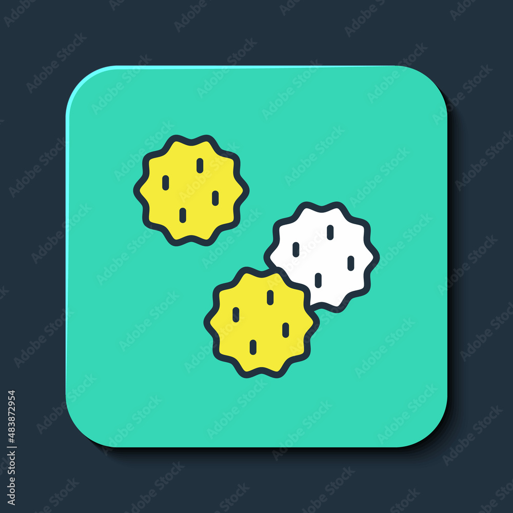 Filled outline Cookie or biscuit with chocolate icon isolated on blue background. Turquoise square button. Vector Filled outline Cookie or biscuit with chocolate icon isolated on blue background. Turquoise square button. Vector