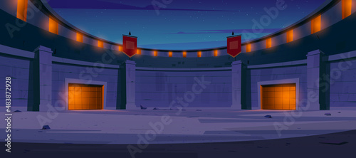 Ancient roman arena for gladiators fight at night. Vector cartoon illustration of empty Coliseum amphitheater for battle between warriors. Dark historical fighting arena
