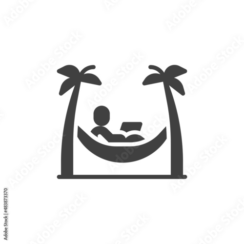 Man with laptop in hammock under palm trees vector icon