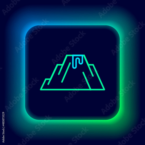 Glowing neon line Volcano eruption with lava icon isolated on black background. Colorful outline concept. Vector