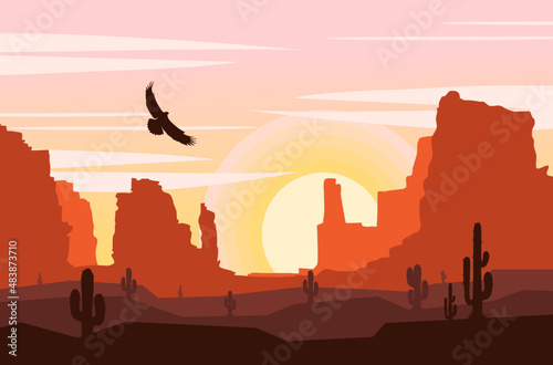 sunset in the desert and barren cliffs for an aesthetic background with flying eagles  free vector