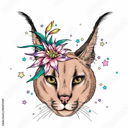 Cute cartoon caracal head with exotic flower.  Stylish image for printing on any surface	