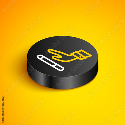 Isometric line Giving up cigarette icon isolated on yellow background. Tobacco sign. Smoking symbol. Healthy lifestyle. Black circle button. Vector