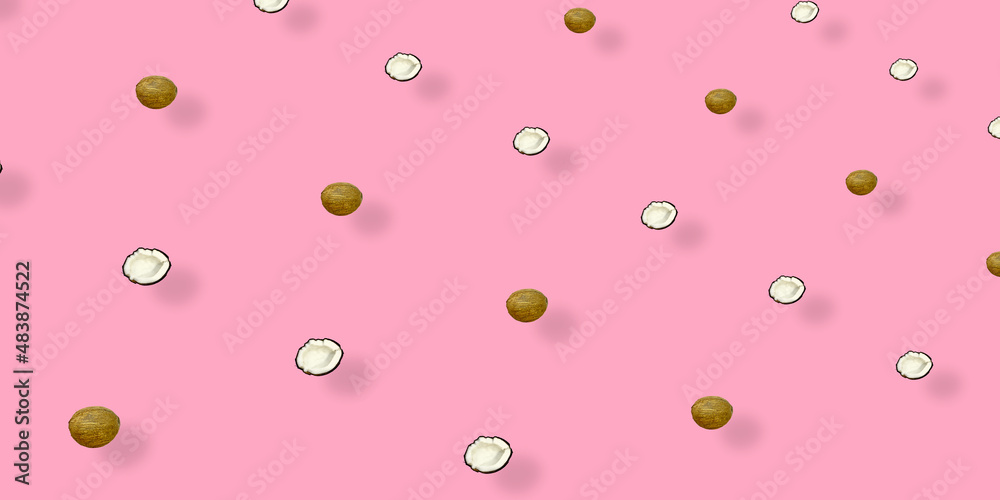 Colorful pattern of coconuts on pink background with shadows. Top view. Flat lay. Pop art design Colorful pattern of coconuts on pink background with shadows. Top view. Flat lay. Pop art design