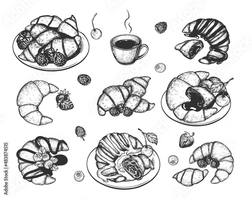 croissant on plate vector hand drawing.croissants with chocolate cream, berries vector sketch. mug of hot coffee vector hand drawing. blueberry croissant vector
