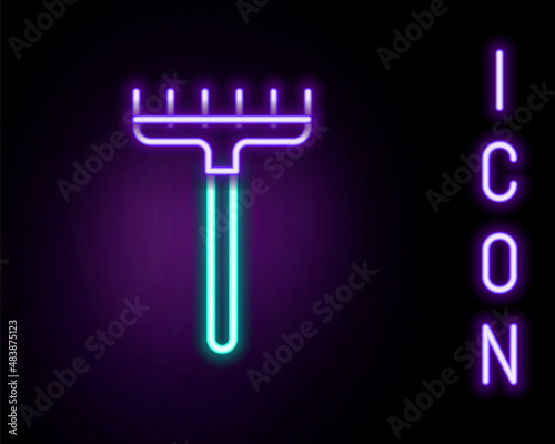 Glowing neon line Garden rake icon isolated on black background. Tool for horticulture, agriculture, farming. Ground cultivator. Housekeeping equipment. Colorful outline concept. Vector