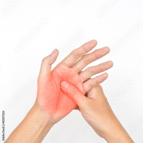 Painful palm of Asian man. Concept of compartment syndrome, cellulitis and hand muscles pain.