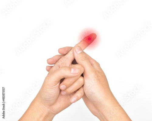 Inflammation of Asian man pointing finger and hand. Concept of paronychia and finger problems. photo