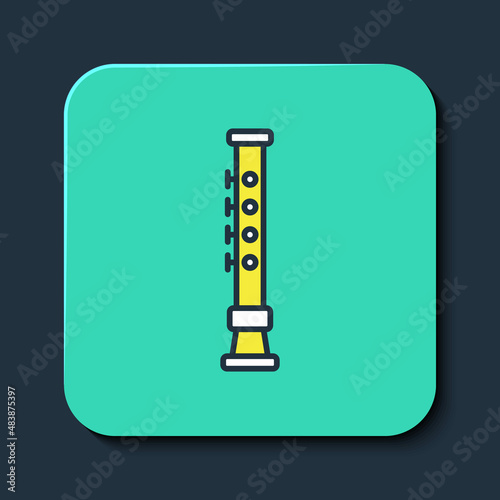 Filled outline Flute icon isolated on blue background. Musical instrument. Turquoise square button. Vector