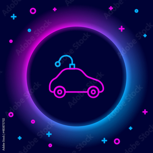 Glowing neon line Radio controlled car toy icon isolated on black background. Control remote car toy. Colorful outline concept. Vector